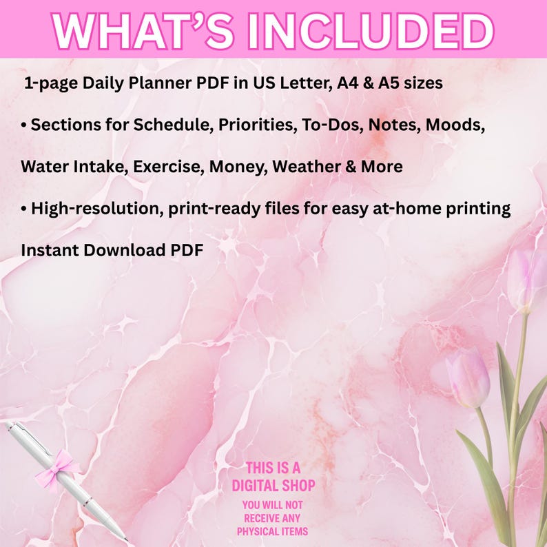Pink Daily Planner Printable | 1 Page PDF | Letter A4 A5 Sizes | Top ...