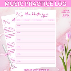 Könnte beinhalten: Digitaler Download eines rosa-weißen Musikübungs-Logs. Das Logbuch enthält Abschnitte für Datum, Instrument, Übungsschwerpunkt und Zeitaufwand. Der Text "Music Practice Log" ist in Schreibschrift. Ein Stift mit rosa Schleife ist im Bild.