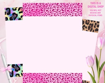 Leopard Print Stationery Set | Pink, Classic & Holographic Borders | Lined, Blank, Grid, Dot | Printable Writing Paper | Leopard Print Paper