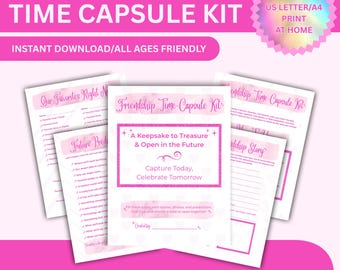 May include: A pink Best Friend Time Capsule Kit with the text "Best Friend Time Capsule Kit" and "Instant Download/All Ages Friendly". The kit includes printable pages with prompts for memories and predictions. A 20-page PDF is available.