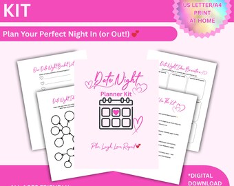 Puede incluir: Un kit de planificador de citas nocturnas rosa y blanco con el texto "Date Night Kit" y "¡Planifica tu noche perfecta en casa (o fuera!)!". El kit incluye páginas imprimibles con ideas para citas y una lista de deseos.