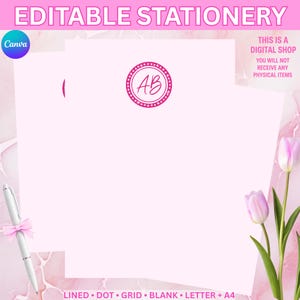 Peut inclure: Papeterie rose avec le texte "EDITABLE STATIONERY" en haut. Le design comprend un logo rose avec les lettres "AB" à l'intérieur d'un cercle pointillé. Le texte "LINED • DOT • GRID • BLANK • LETTER + A4" est en bas. Un stylo avec un nœud rose est à gauche.
