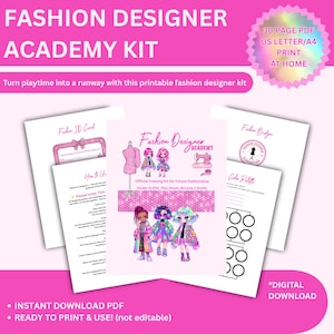 Può includere: Un kit stampabile rosa di Fashion Designer Academy con il testo "Fashion Designer Academy Kit". Il kit include una Fashion ID card, istruzioni e una tavolozza dei colori. Il kit è pronto per la stampa e l'uso.