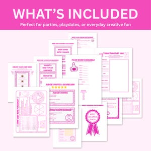 May include: A collection of pink and white activity sheets for kids, featuring cooking challenges, menu design, and a shopping list log. The text "WHAT'S INCLUDED" is at the top, with "Perfect for parties, playdates, or everyday creative fun" below.