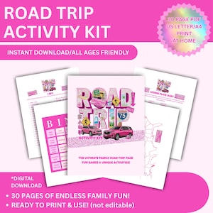 May include: A pink Road Trip Activity Kit with the text "Road Trip Activity Kit" and "Instant Download/All Ages Friendly". The kit includes 30 pages of family fun, ready to print and use.