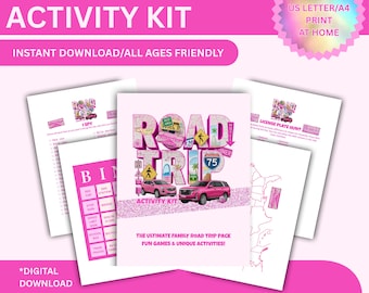May include: A pink Road Trip Activity Kit with the text "Road Trip Activity Kit" and "Instant Download/All Ages Friendly". The kit includes 30 pages of family fun, ready to print and use.