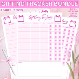 May include: A pink and white gift-giving tracker bundle with the text "GIFTING TRACKER BUNDLE" and "3 PAGES - 2 SIZES". The tracker includes sections for gift giver, recipient, occasion, gift, and checkboxes for tracking. A pen with a pink bow is in the image.