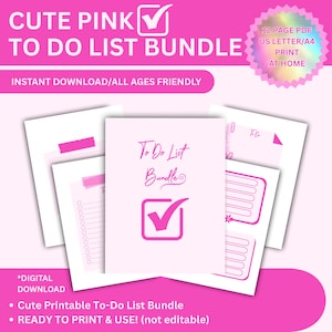 Könnte beinhalten: Ein rosa To-Do-Listen-Bundle mit dem Text "Cute Pink To Do List Bundle" und "Instant Download/All Ages Friendly". Das Bundle enthält mehrere rosa und weiße Seiten mit To-Do-Listen-Vorlagen.