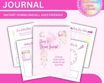 Può includere: Un diario del sonno digitale rosa con la scritta "Sleep & Dream Journal". Il diario include pagine per il monitoraggio del sonno, le valutazioni della qualità e il diario dei sogni. Il design presenta un acchiappasogni e una nuvola.