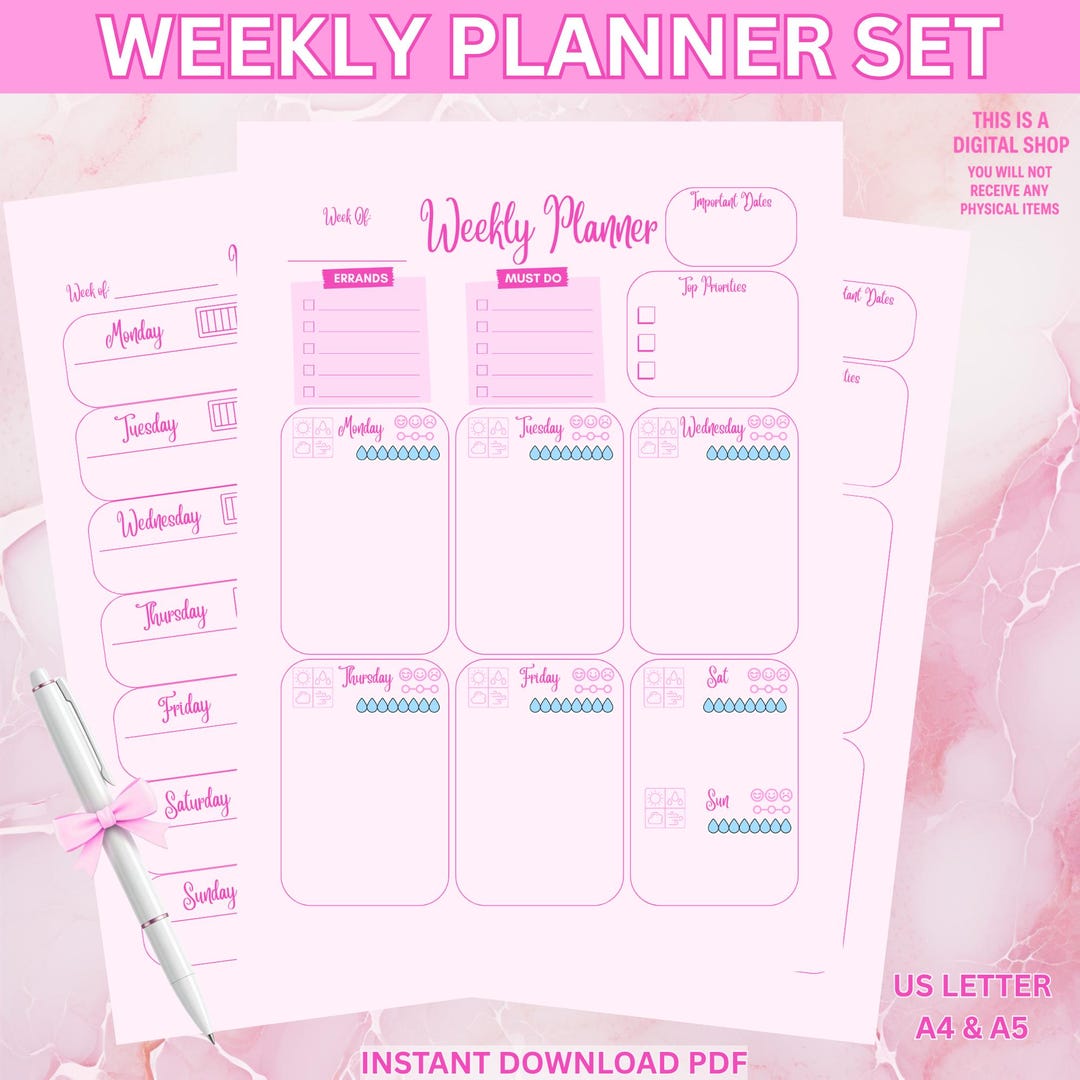 Pink Weekly Planner Set | 3 Pages, 3 Sizes | Weekly Overview + Tasks ...
