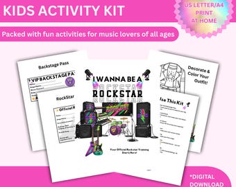 May include: A pink and white "I Wanna Be a Rock Star" kids activity kit. The kit includes printable pages with a backstage pass, a rockstar checklist, and a design-your-own outfit page. The kit is a digital download.