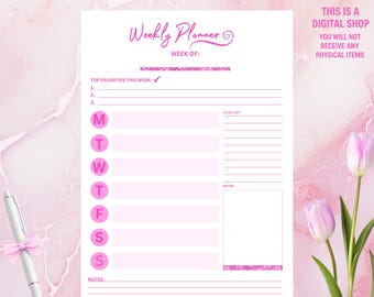 Weekly Planner | 1 Page | Printable Planner | Letter + A4 + A5 PDF | Instant Download | Pink Weekly Planner | Cute Weekly Planner Printable