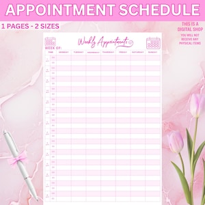 Könnte beinhalten: Rosa Terminplaner mit dem Text "APPOINTMENT SCHEDULE" oben. Der Planer ist für wöchentliche Termine und enthält Zeitfenster von 7 bis 20 Uhr. Ein weißer Stift mit rosa Schleife befindet sich auf der linken Seite des Bildes.