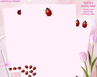 Papelería de mariquita / Paquete de 4 páginas imprimibles / Cuadrícula de puntos en blanco / Lindo tema de insectos / Descarga instantánea / Papelería de mariquita