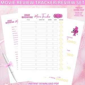 May include: A pink and white movie review tracker set with the text "MOVIE REVIEW TRACKER/REVIEW SET". The set includes a pen with a pink bow, and pages to track movie titles, director, genre, date, and rating.