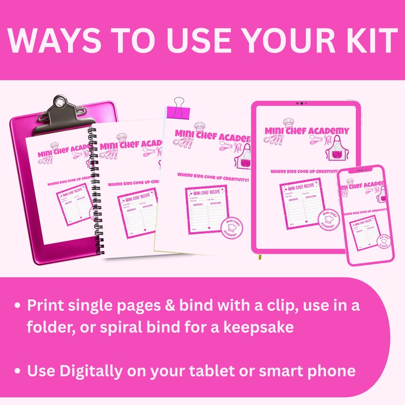May include: A pink and white graphic featuring the text "WAYS TO USE YOUR KIT" and "Mini Chef Academy." The image shows a clipboard, a spiral-bound notebook, loose pages, a tablet, and a smartphone, all displaying recipe pages. The text below suggests printing or using digitally.