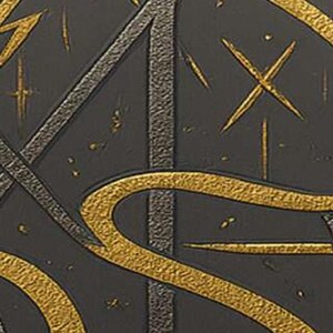 Puede incluir: Obra de arte abstracta con un fondo gris oscuro y líneas texturizadas doradas y plateadas. El diseño incluye rayos, explosiones de estrellas y líneas curvas, creando una composición dinámica y texturizada.