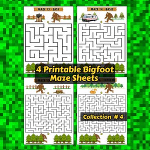 Op de afbeelding: Vier afdrukbare Bigfoot-doolhofvellen met verschillende moeilijkheidsgraden, gemarkeerd met Gemakkelijk, Basis en Extreem. Elk vel bevat een doolhof met illustraties van Bigfoot, bomen en andere bosselementen. Collectie #4 wordt ook weergegeven.