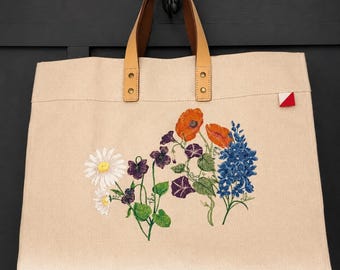 Bolso personalizado con flor de nacimiento, bolso de lona bordado a medida, regalo de recuerdo familiar para mamá o abuela, iniciales ocultas.