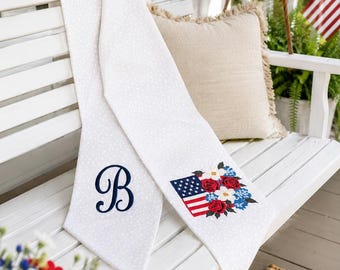 Banda para corona patriótica, lazo floral con la bandera estadounidense bordado, decoración personalizada para el porche con monograma, corona veraniega de estilo americano.