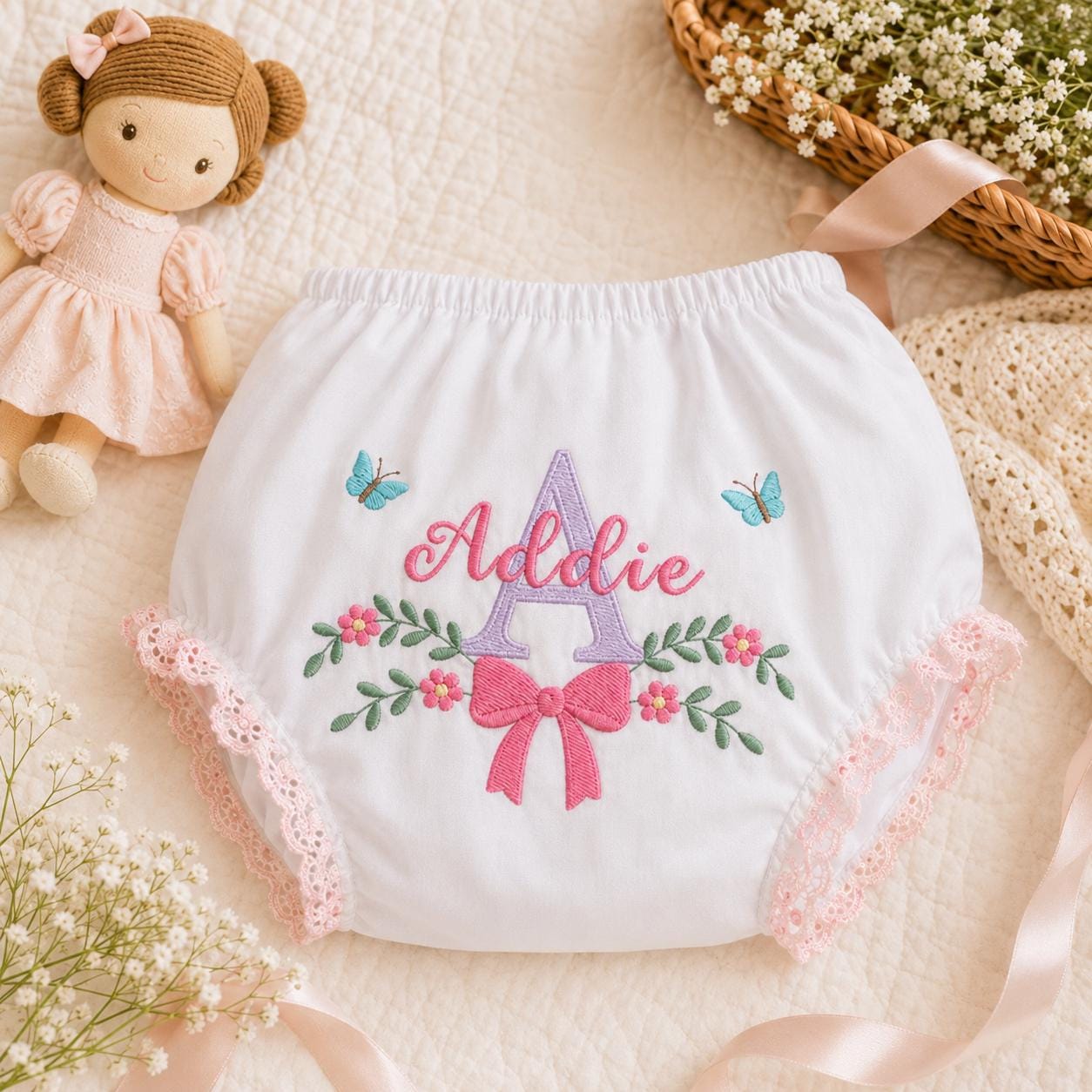Personalized Baby Girl Bloomers, Embroidered Name Diaper Cover, First Birthday Photo Prop