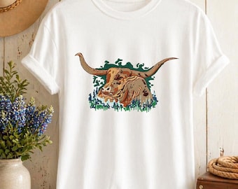 Camiseta bordada con estampado de Longhorn Bluebonnet / Camiseta con estampado del Oeste