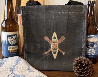 Bolsa de lona encerada para botellas de cerveza, diseño bordado de canoa y remo, organizador personalizado para 6 latas, regalo para papá o padrinos de boda.