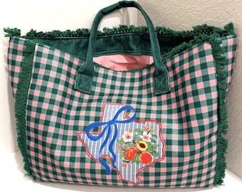 Bolso de mano bordado a cuadros color melocotón de Texas, bolso personalizado para proyectos de Hill Country, bolso de mano con cremallera superior y monograma.