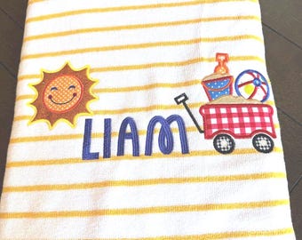 Toalla de playa personalizada, toalla con nombre para niños, motivos de carritos de playa de verano