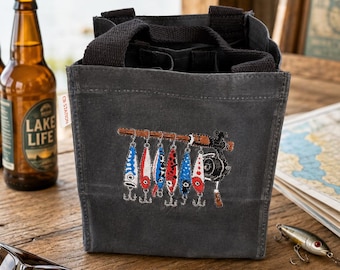 Bolsa de lona encerada para botellas de cerveza, señuelos de pesca bordados, organizador personalizado para 6 latas, regalo para papá o padrinos de boda.