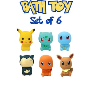 May include: A set of six colorful bath toys featuring popular characters. The toys include a yellow Pikachu, a green Bulbasaur, a blue Squirtle, a blue and beige Snorlax, an orange Charmander, and a brown Eevee. The text "BATH TOY Set of 6" is displayed above.