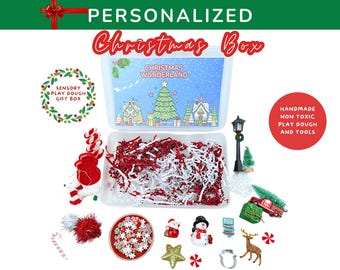 Caja sensorial navideña personalizada, regalo navideño para niños, set de plastilina para regalar, cesta navideña con detalles de Papá Noel