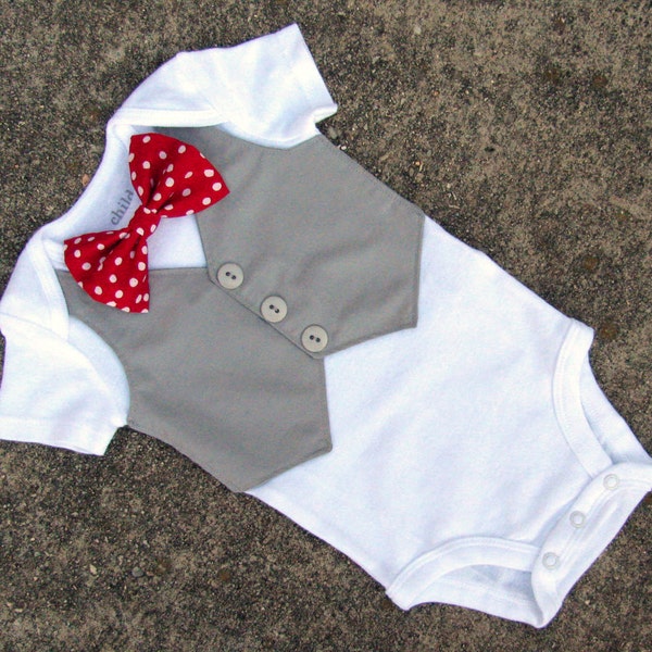 Baby Boy Valentine's Day Shirt - Custom Tuxedo Bodysuit Polka Dot Red Bow tie - Perfect 1st Birthday or Wedding Outfit - LS version