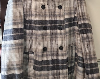 ZARA BASIC Plaid Hooded Coat | Grey & Cream Tartan Pea Coat | Size Large