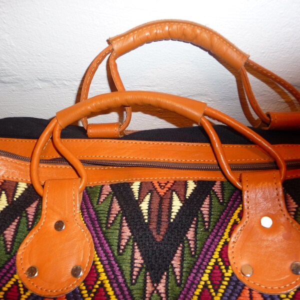 Leather and Woven Tote Bag HUGE Duffel Duffle Bag Boho Tote LARGE Ethnic Vintage Bag As Is