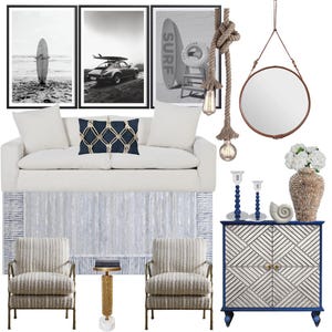 May include: Coastal-themed interior design featuring a white sofa with a navy blue pillow, framed black and white surf-themed art, a round mirror, and a decorative cabinet with blue accents. Includes a side table and two armchairs.