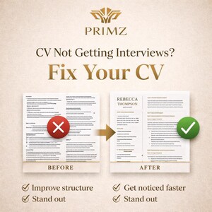 Puede incluir: Un gráfico promocional para Primz con el texto CV Not Getting Interviews? Fix Your CV. Muestra una comparación de antes y después de un currículum, con una X roja a la izquierda y una marca de verificación verde a la derecha, más iconos.