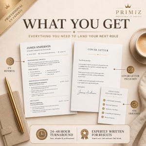 What you get slide for Primz Cv rewrite service, with beige premium layout showing a CV rewrite, cover letter included, ATS-friendly formatting, clearer wording and stronger impact, and UK job application support.