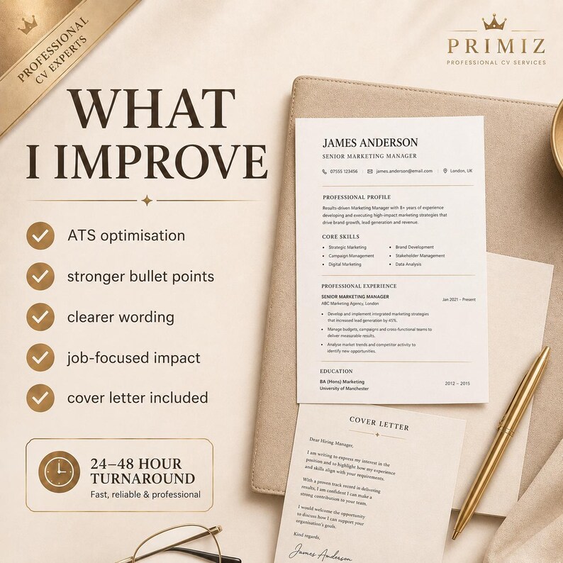 What I improve slide for Primz Cv writing service, with beige premium design highlighting ATS optimisation, stronger bullet points, clearer wording, job-focused impact, and cover letter included.