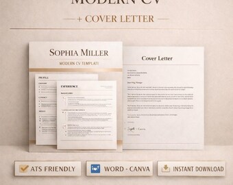 Modern Cv Template, Ats Resume, Professional Clean Cv, Word Canva Editable, Cover Letter, Instant Download