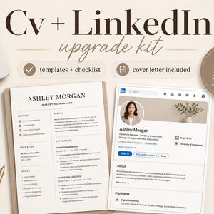 Cv and LinkedIn upgrade kit, cv checklist, linkedin headline templates, cover letter template, job help