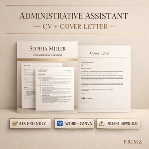 Modelo de currículo para assistente administrativo | Modelo de currículo para assistente administrativo | Currículo compatível com ATS | Candidatura a emprego no Reino Unido | Word e Canva | Download imediato