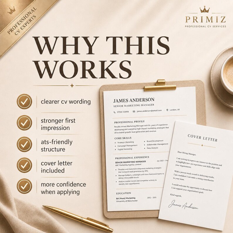 Why this works slide for Primz Cv rewrite service, with beige elegant design showing benefits including clearer CV wording, stronger first impression, ATS-friendly structure, cover letter included, and more confidence when applying.