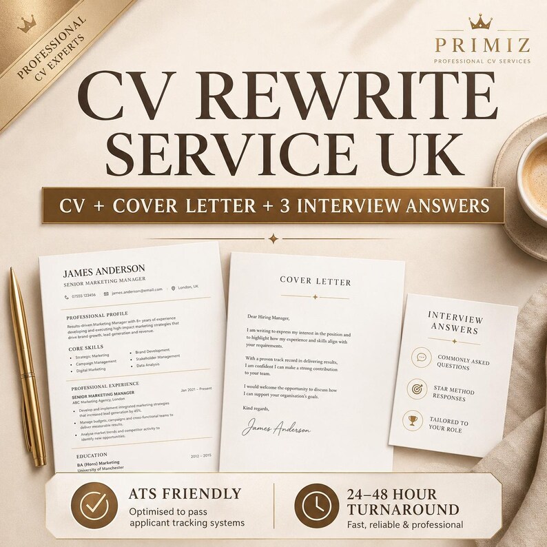 Premium Cv rewrite service UK thumbnail by Primz with beige luxury design, showing a CV, cover letter and interview answers, with text “Cv rewrite service uk” and “Cv + cover letter + 3 interview answers