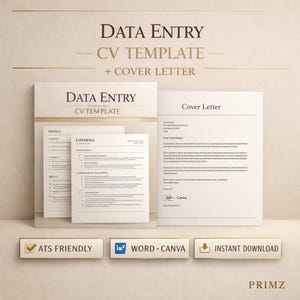 Data Entry CV Template | Data Entry Resume Template | ats friendly cv | uk job application | word & canva | instant download