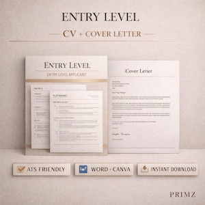 May include: A professional resume and cover letter template set labeled "Entry Level." The design includes a resume, cover letter, and additional pages. The template is ATS friendly, compatible with Word and Canva, and available for instant download.