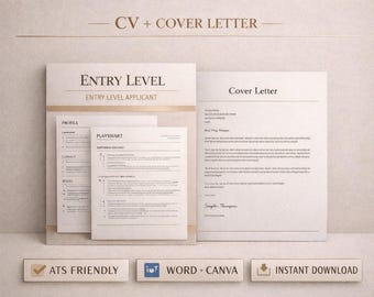 Entry Level CV template uk, ats friendly resume, cv + cover letter, no experience cv, job application template, instant download