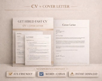 Get Hired Fast CV template uk, ats friendly resume, cv + cover letter, no experience cv, instant download