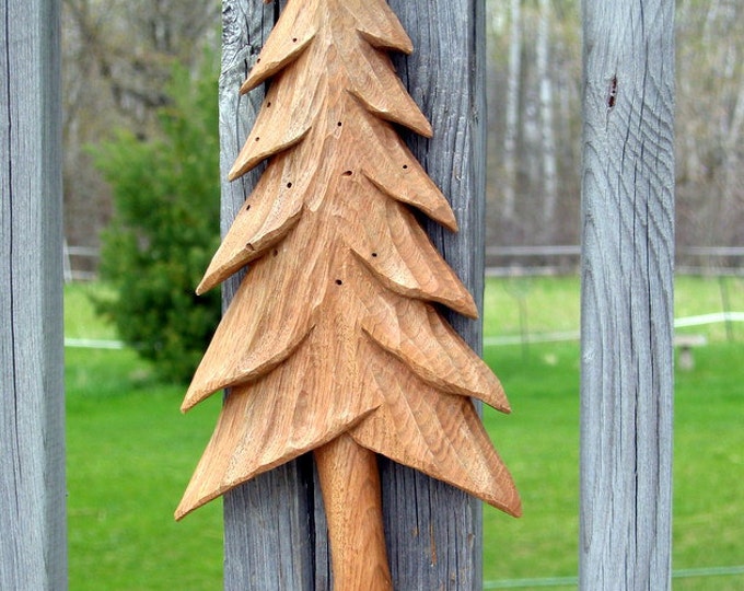 PINE TREE Wood Carving, Hand Carved Wall Hanging, Wormy Butternut