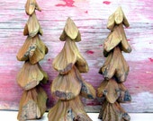 PINE TREE Wood Carvings, Set of Three 3 Hand Carved Cottonwood Bark, Rustic Home, Cabin Decor, North Woods, Green, Forest Accent For Sale JR